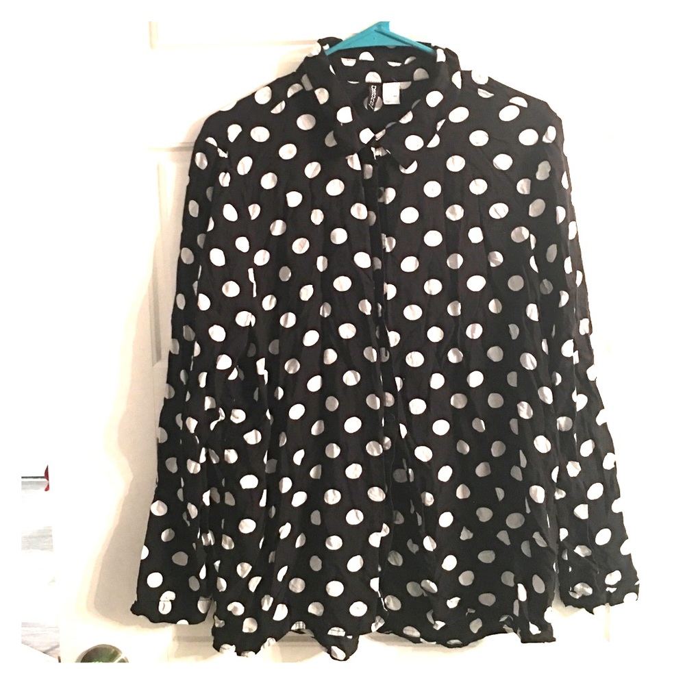 black and white polka dot collared shirt
